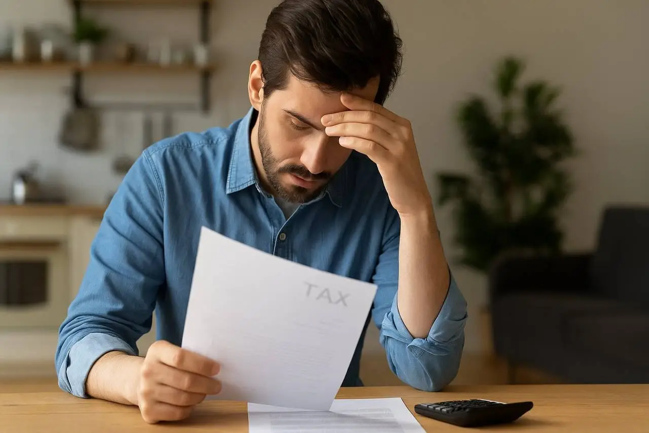 Stressed man reviewing IRS tax bill paperwork — can’t pay IRS tax bill Baltimore
